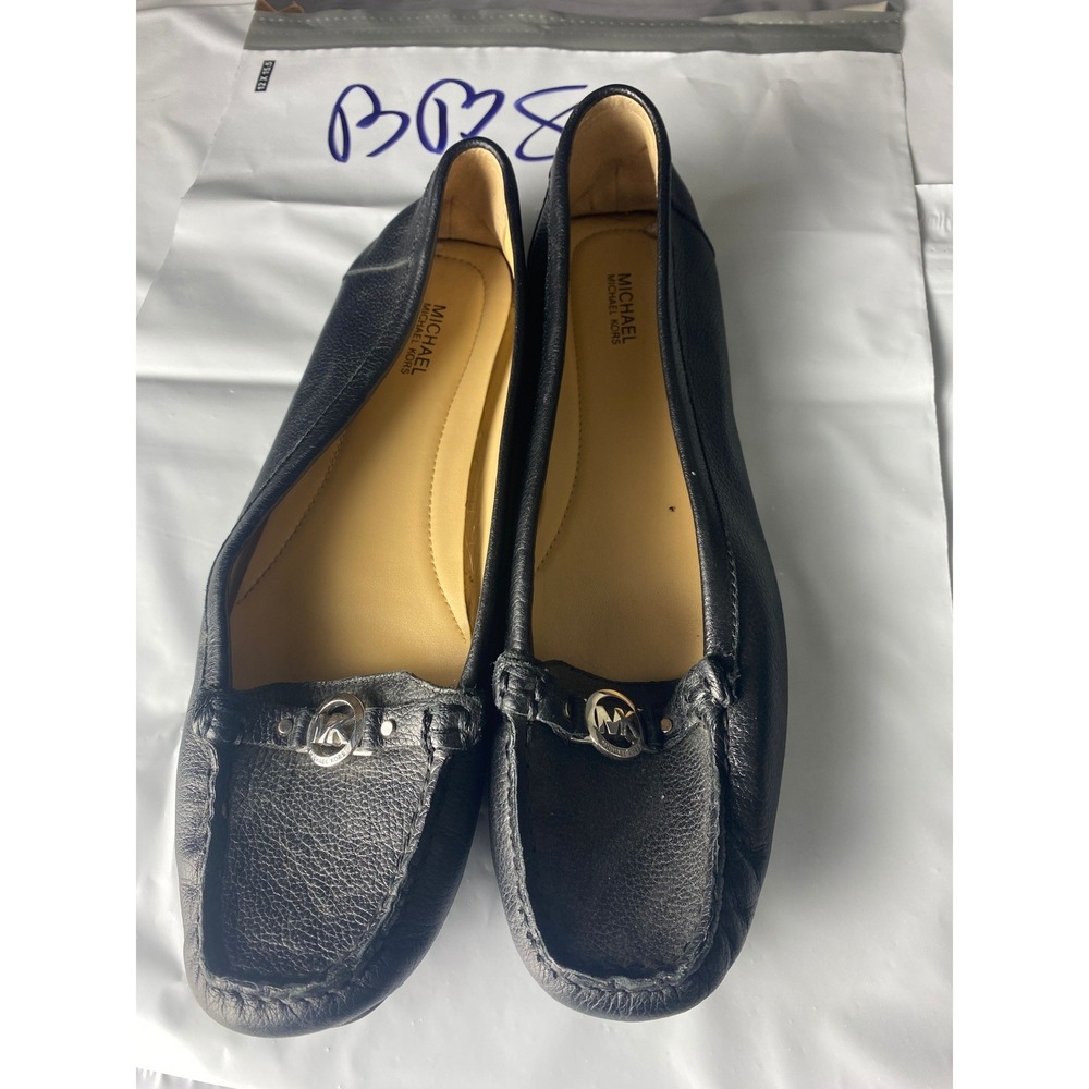 Michael Kors Black Leather Moc Loafers Silver MK Logo Womens 7